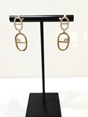 18k Filled Gold Drop Oval Dangle Earrings - Pave Stones and CZ stones.